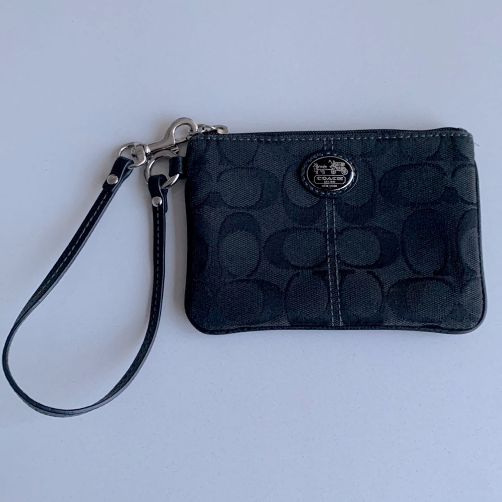 Coach Black Wristlet w Leather Zip Detail and Pink Lining